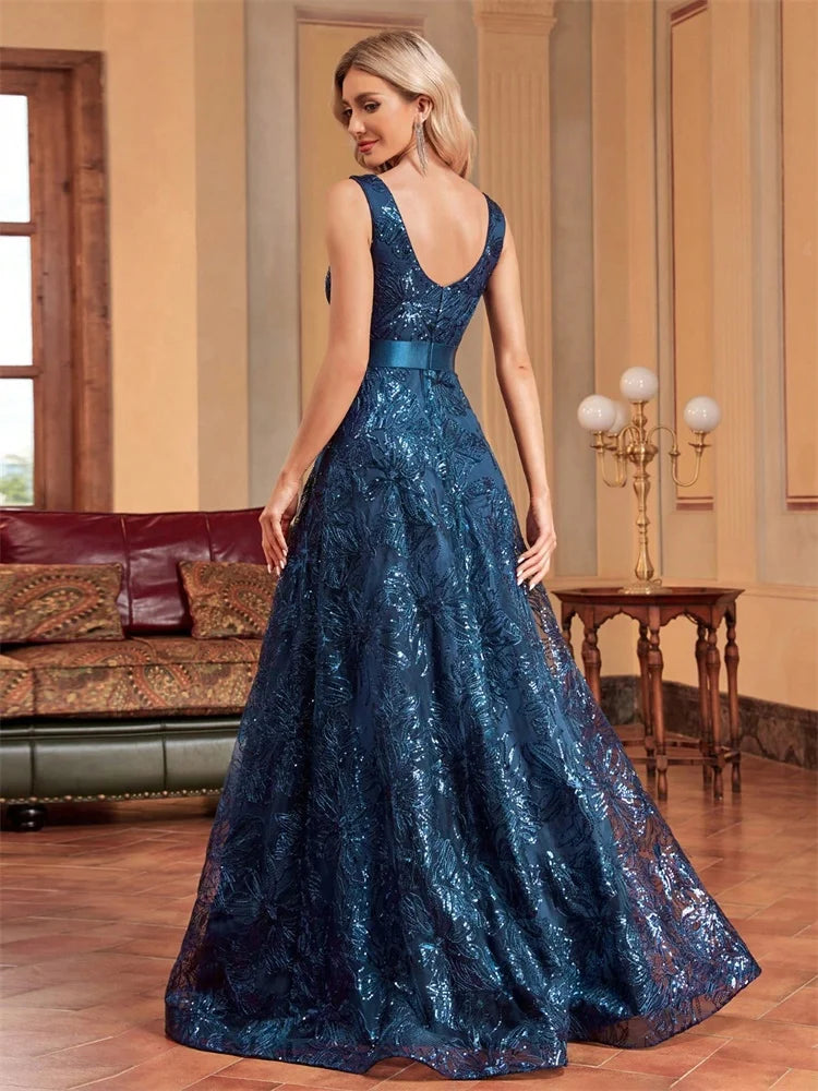 Luxury Sexy V-Neck Sequins Formal Evening Dress Long 2025 Women Elegant V-back Wedding Party Long Prom Cocktail Graduation Gown