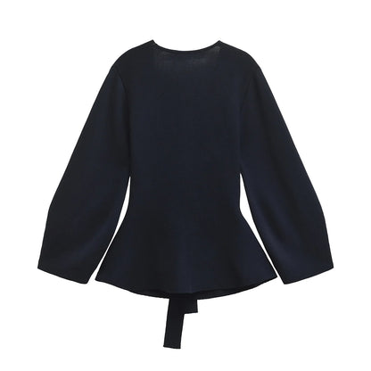 Spring Women Shoulder Pad Belt Knit Blazer Women Retro V-neck Long Sleeve Versatile Female Coat Women Clothes 9598/128