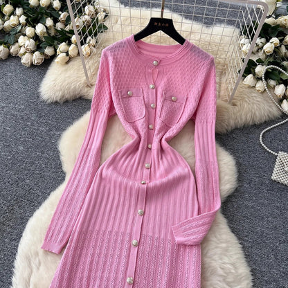 Brand Fashion Aesthetic Patchwork Knitted Maxi Dress Autumn Winter Women Luxury Shirt Sweater Dress Office Lady Vestido