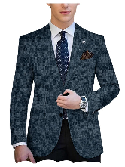 Autumn Winter Men's Herringbone Blazer Tuxedos Only Coat Wool Tweed Single Breasted Formal Bussiness/Wedding Prom Suit Jacket
