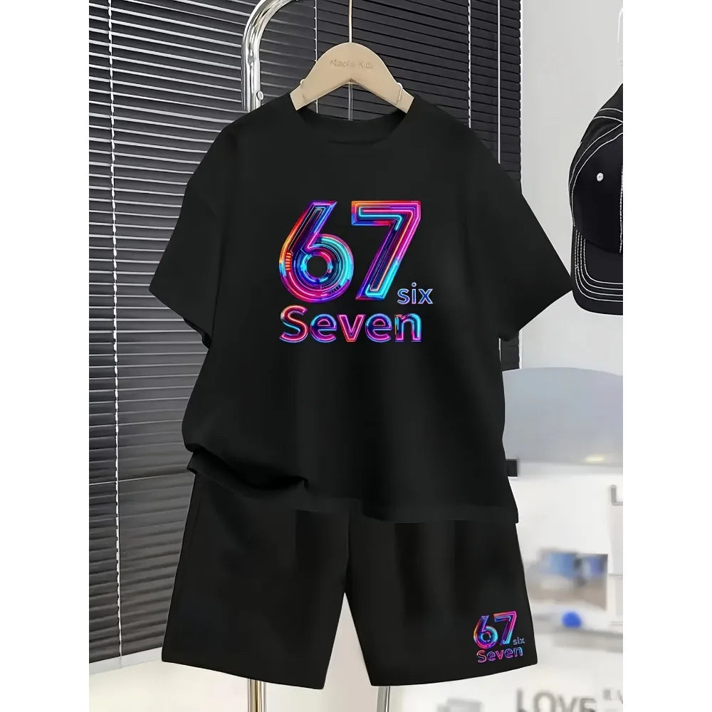 New Kids Clothes Girls 67 Funny Printer Kids T-shirt Shorts Pant Set Fashion Children's Clothes Casual Short Sleeve Shorts Set