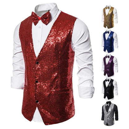 2026 Men's Shiny Gold Sequin Glitter Embellished Blazer Waistcoat Night Club Blazer Wedding Party Waistcoat Stage Singers Vest
