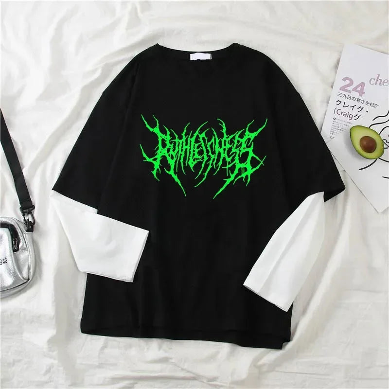 Fashion Punk Dark Style Printed Round Neck T-shirt Y2K Sport Harajuku Thin Women's Top Long Sleeves T Shirt Outdoor Loose Shirt