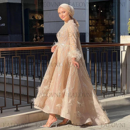 Customized Long Sleeve Feathers High Low Prom Gown Temperament Middle Eastern Dress Lace Evening Muslim Clothing Party Dresses