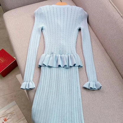 Brand Fashion One-piece Knitted Maxi Dress Women Elegant V-neck Ruffled Slim Waist Bodycon Sweater Dress Party Vestido