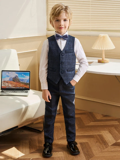 Dark Blue Boys Plaid Suit Set 4 Pieces,Formal Long Sleeve Kids Suits For Autumn And Winter,Handsome Children's Tuxedo