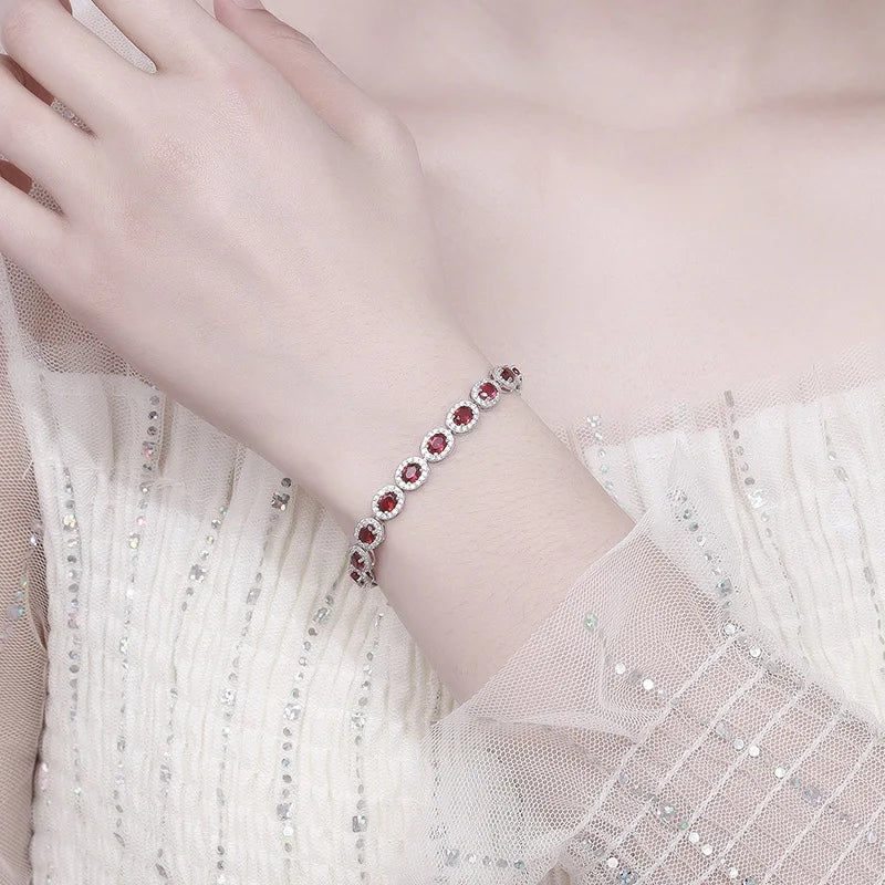 Trendy S925 Sterling Silver Full Ruby Tennis Bracelet for Women Girls Pear Cut Gemstones Link Bracelets Party Fine Jewelry