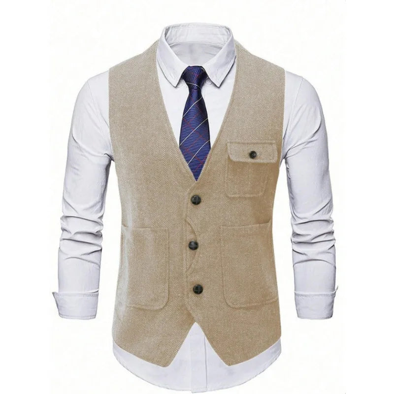 Suit Vest Man Vintage Single-breasted Pocket Male Waistcoat Slim V-neck Sleeveless Business Casual Versatile Men Vest