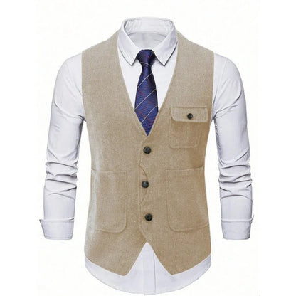 Suit Vest Man Vintage Single-breasted Pocket Male Waistcoat Slim V-neck Sleeveless Business Casual Versatile Men Vest