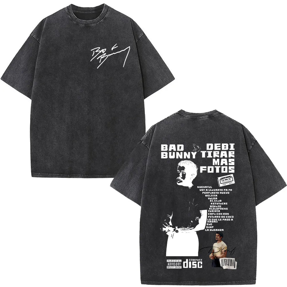 Rapper Bad Bunny Washed Vintage T-shirt Debi Tirar Mas Fotos DTMF World Tour T Shirts Men's Fashion Hip Hop T-shirts Streetwear