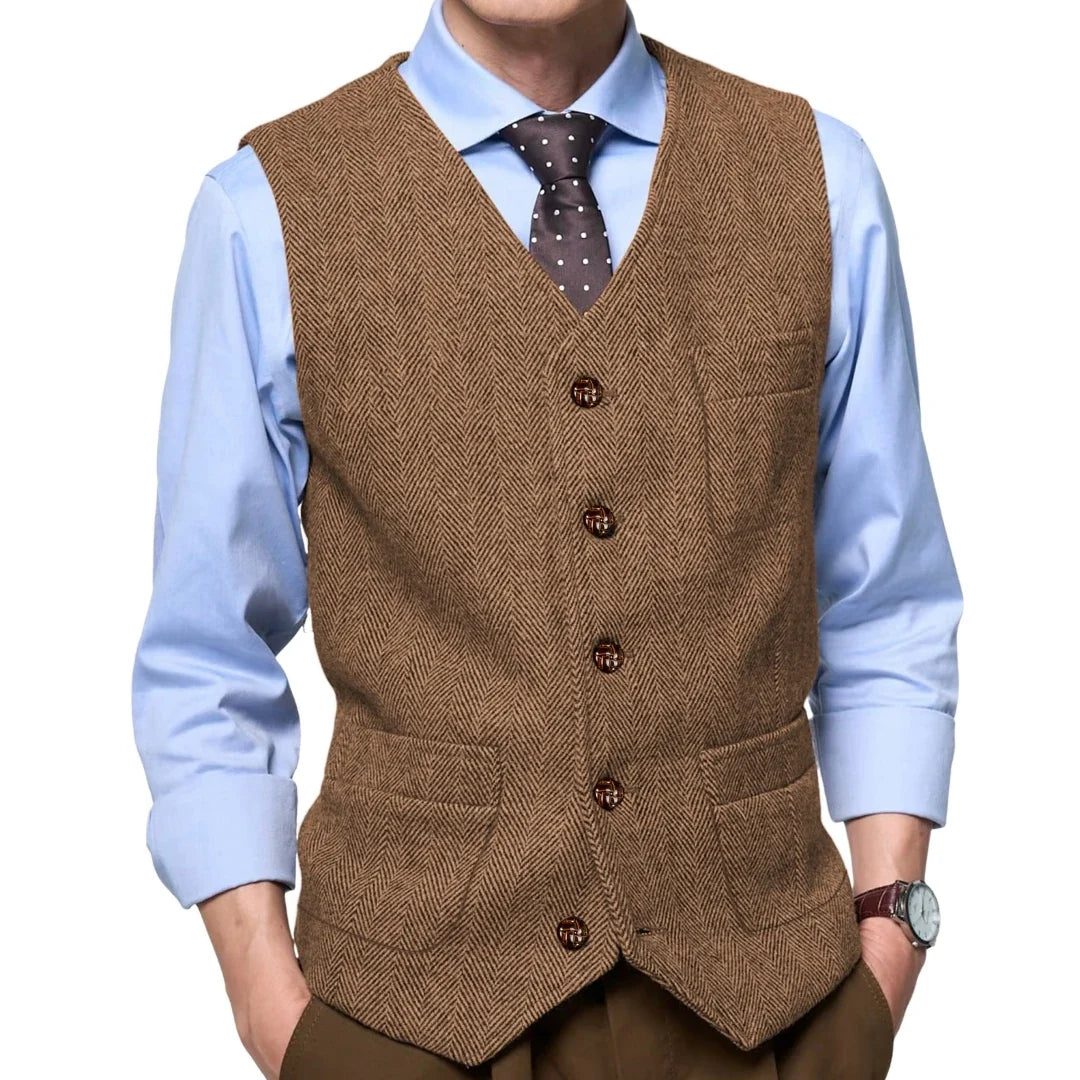 Men Vest Gray Herringbone Single Button With Pocket Waistcoat For Wedding Party Business Work Office Daily Casual Men Suit Vest