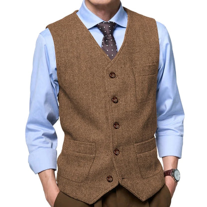 Men Vest Gray Herringbone Single Button With Pocket Waistcoat For Wedding Party Business Work Office Daily Casual Men Suit Vest