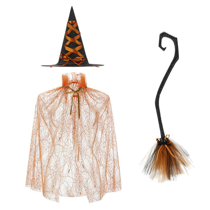 Halloween Witch Cloak Set Spider Web Sheer Mesh Cape Hat and Broom Set for Kids Boys Girls Appliques Feathers Animal
