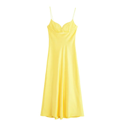 2025 Women Red V-Neck Holiday Style Satin Texture Long Dress Sleeveless Summer Women's Back Zipper Fashion Sling Dresses