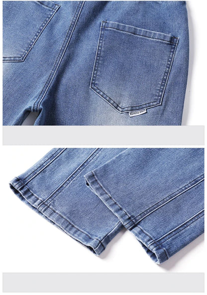 Autumn Winter Blue Jeans Men Drawstring Elastic Waist Cotton Cargo Denim Pants Work Fashion Thick Trousers Male Plus Size M-4XL