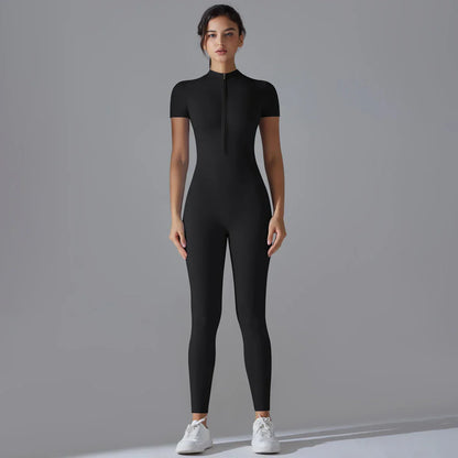 Yoga Set Women's Jumpsuits One-Piece Suit Zipper Short Sleeve Gym Push Up Workout Clothes Fitness Bodysuit Sportswear Tracksuit