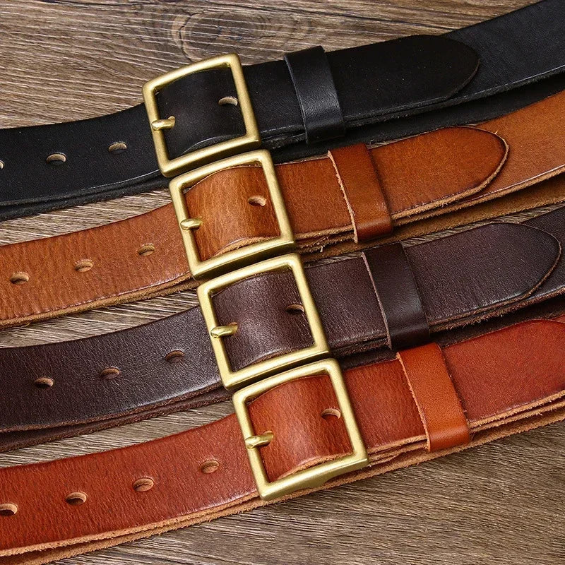 3.3CM Pure Cowhide Genuine Leather for Men's Women High Quality Jeans Brass Buckle Belts Cowboy Fashion Designer Matching Belt