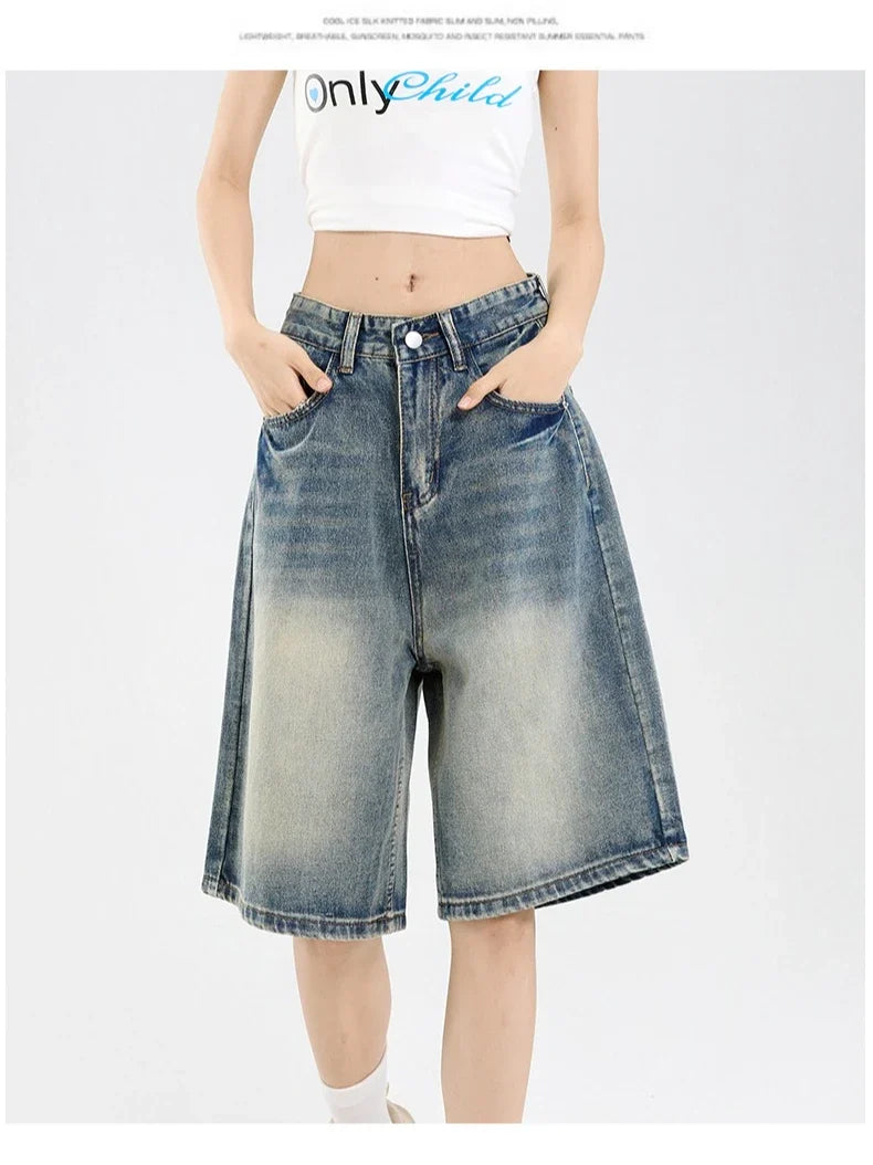 2026 Korean Street Casual Y2K Loose Wide-leg Denim Shorts Five-point Baggy Jeans Women's All-match Straight Summer Hot Shorts