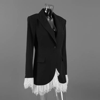 Elegant Lace Blazer Coat Women Fashion Office Lady Full Sleeve Single Breasted Jackets 2025 New Autumn Black Casual Slim Coats