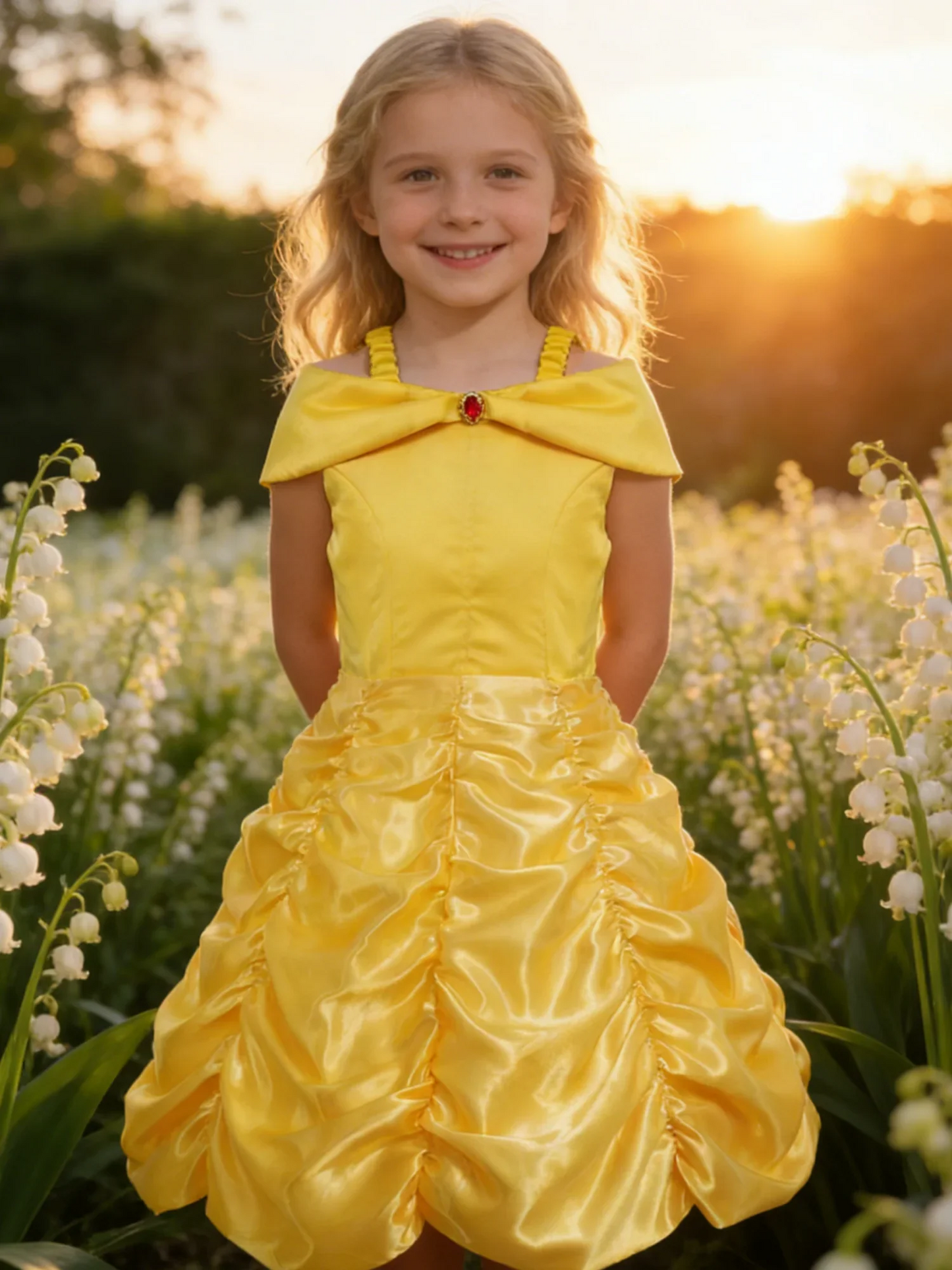 Off Shoulder Yellow Princess Dress for Kids Girl Belle Role Playing Clothing Fancy Carnival Party Birthday Ball Gowns Halloween