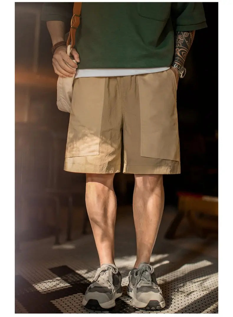 Maden Outdoor Quick-Dry Khaki Cargo Shorts Men's Summer Lightweight Woven Straight Leg Beach Pants Elastic Waist Pocket Shorts