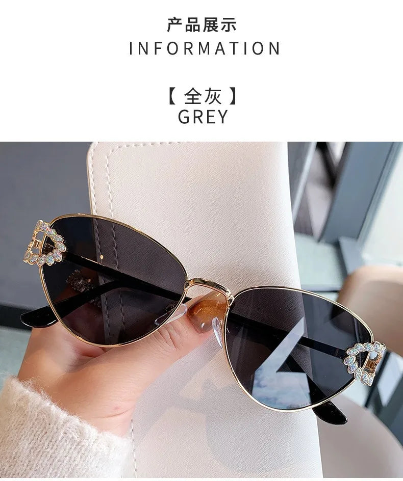 2026 Women Elegant Oval Metal Frame Cat Eye Sunglasses Hollow Rhinestone Wreath Temple UV Protection Gradient Lens Sun Shades