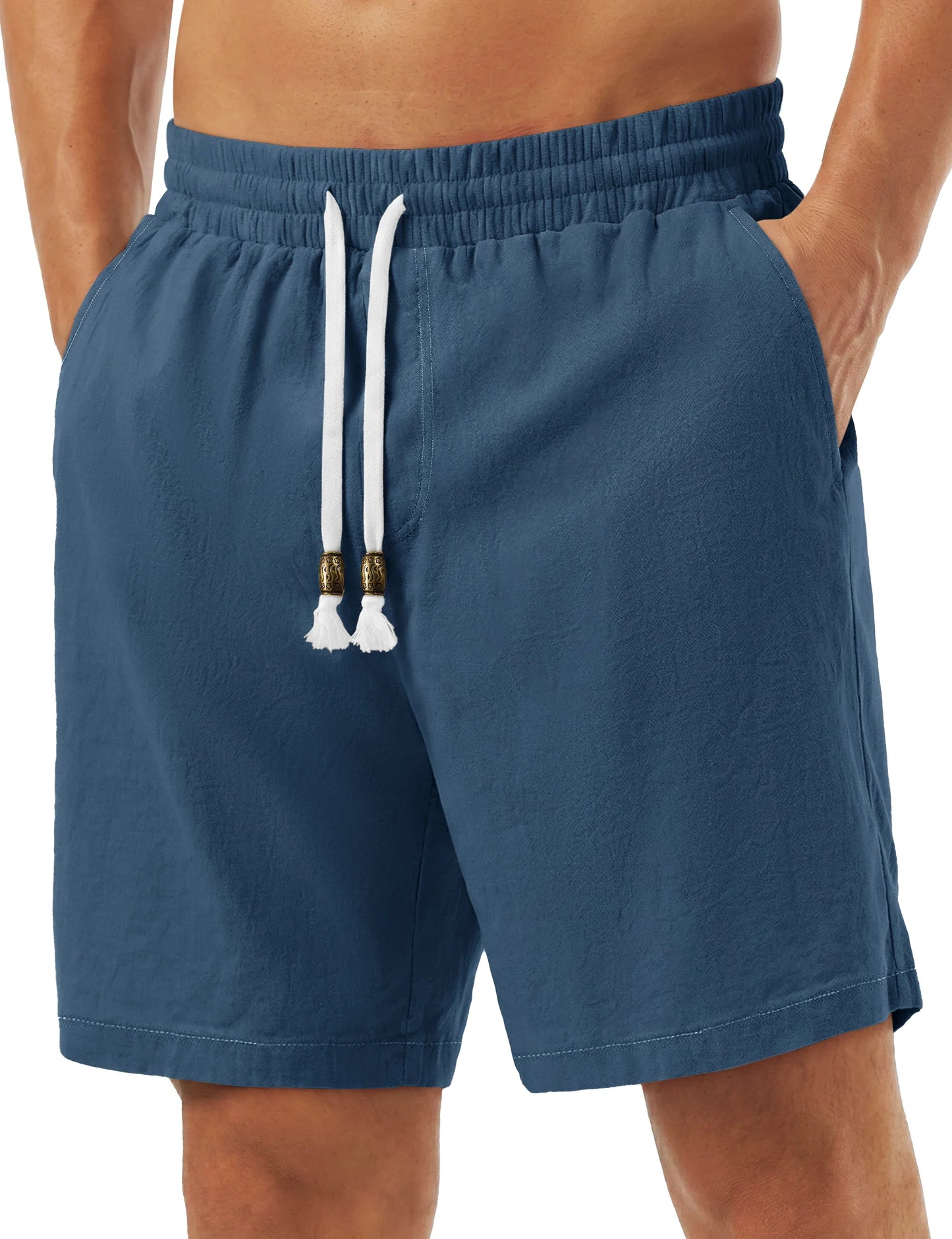 Men's Cotton Casual Shorts Loose Summer Beach Vacation Short Solid Pants with Deep Pockets Elastic Waist 7 Inch Inseam