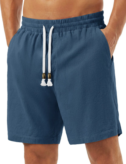 Men's Cotton Casual Shorts Loose Summer Beach Vacation Short Solid Pants with Deep Pockets Elastic Waist 7 Inch Inseam