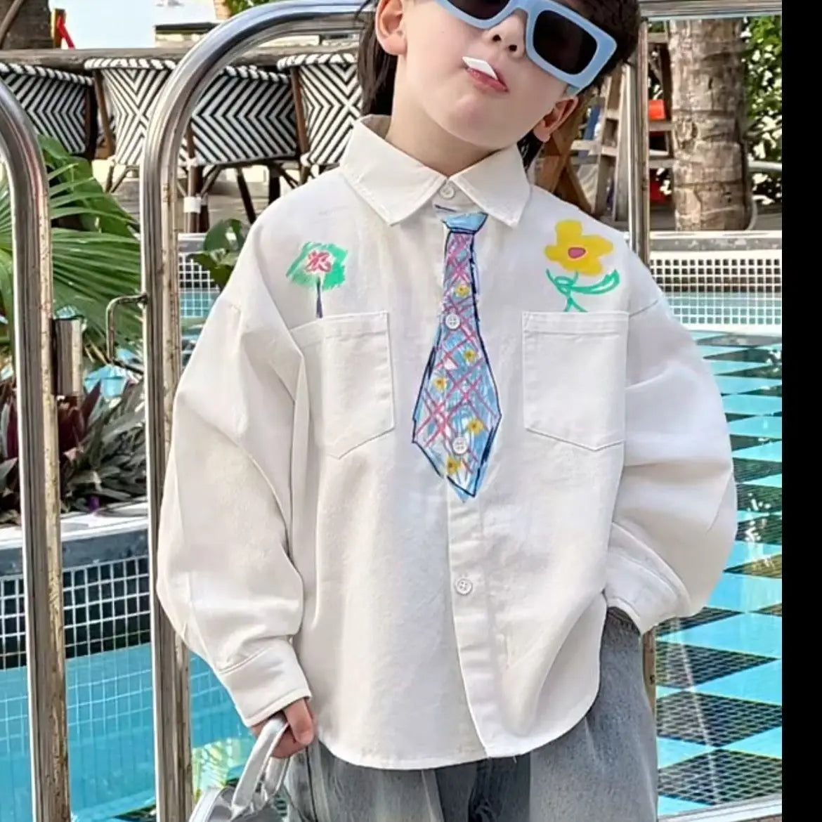 Boys Spring and Autumn Printed Fake Tie Shirt, Ripped Jeans 2-pcs Set New Graffiti Loose Fit Long Sleeve Thin Shirt Pant Suit