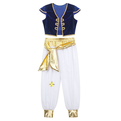Boys Mythical Prince Arabian Carnival Cosplay Outfit Halloween Party Arabian Prince Role Play Waistcoat Vest Top+Belted Pants