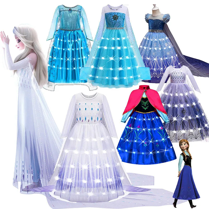 Elsa Princess Dresses +LED Light Girls Mesh Sequin Dress Kids Cosplay Frozen Snow Queen Costumes Halloween Party Gowns