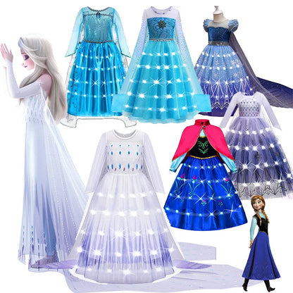 Elsa Princess Dresses +LED Light Girls Mesh Sequin Dress Kids Cosplay Frozen Snow Queen Costumes Halloween Party Gowns