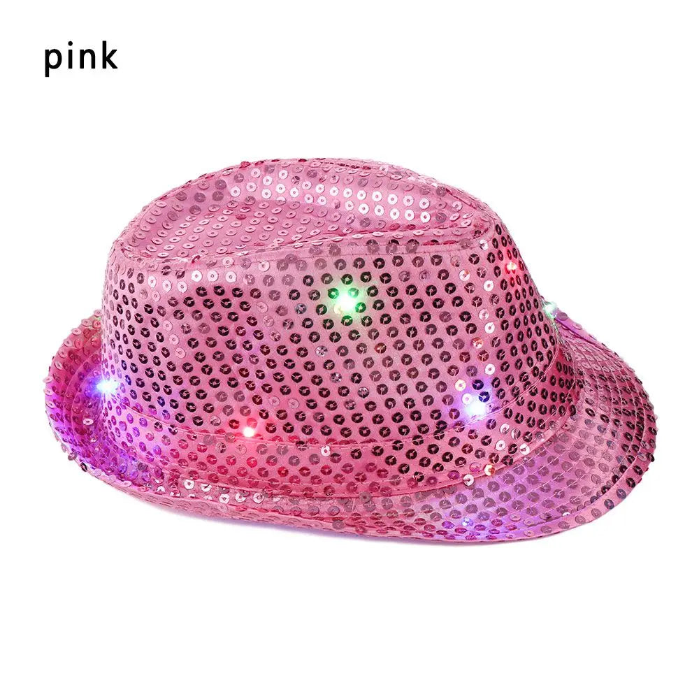Unisex Light Up Flashing Led Fedora Trilby Jazz Hat Panama Cap Sequin