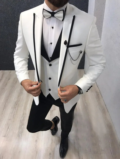Men Suits Slim Fit One Button Casual Business Groomsmen Brown Peak Lapel Tuxedos For Formal Wedding (Blazer+Pants+Vest)