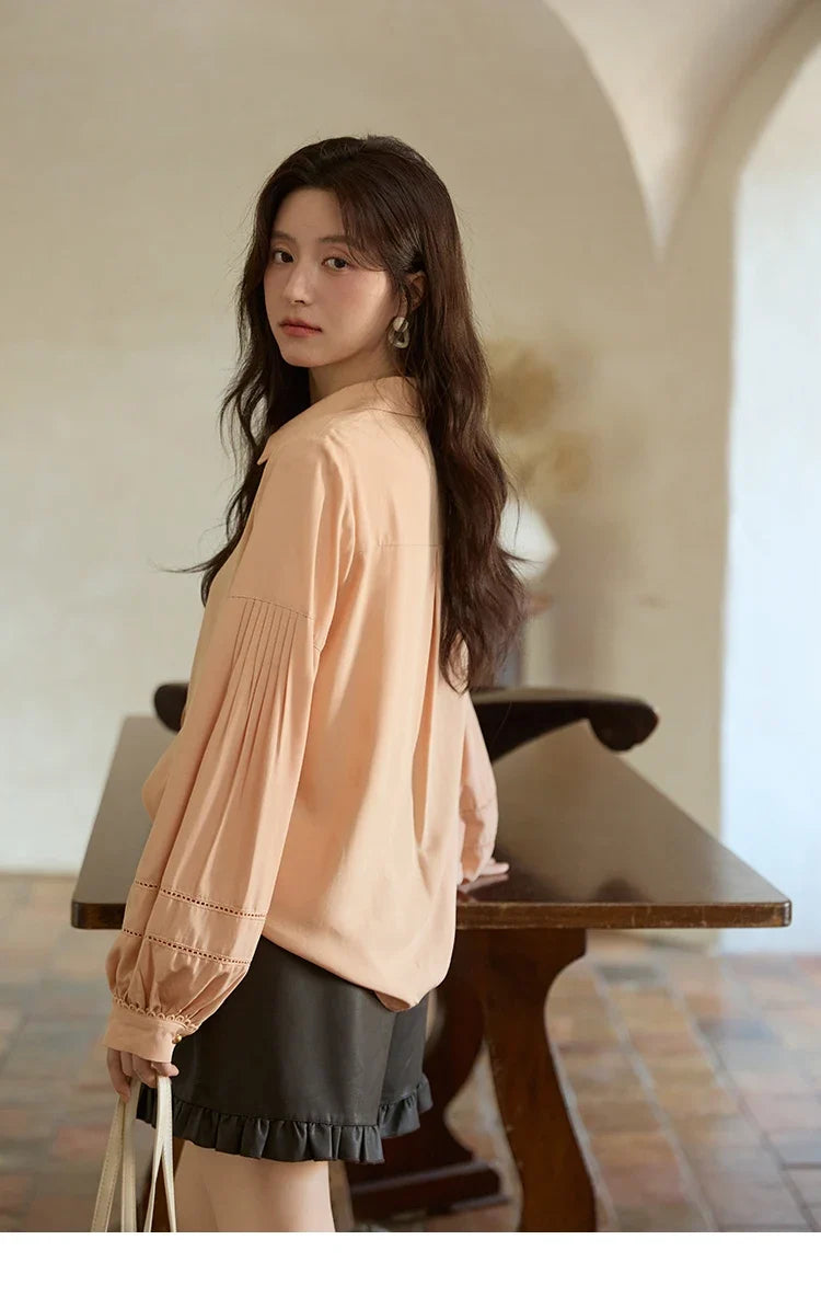 Women's Shirt Lantern Sleeve Hollow Out Tops 2025 Autumn Single Breasted Solid Shirts Lapel Shirt Office Lady MXE41C2359