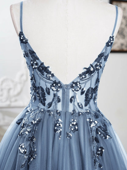 Sling Evening Dresses Sexy Spaghetti Straps V-Neck Illusion Sequins Appliques Prom Dress A-Line Train High Split Gowns