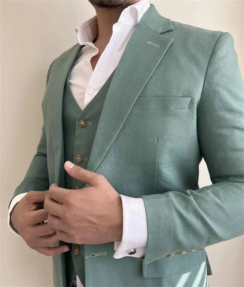 Sage Linen Men Suits for Wedding Summer Party 3 Pieces Notched Lapel Casual Style Groom Tuxedo Custom Made Slim fit Suit