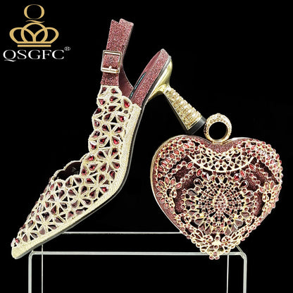 New Shoes and Bags Matching Set Nigerian Women Heel Party for Women Fuchsia Colour Italian Design Wedding INS Design