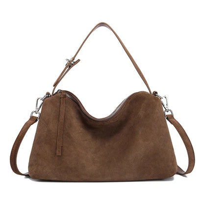 Fashion Autumn Winter Big Boston Tote Soft Matte Suede Cow Leather Women's Handbag Shoulder Crossbody Bag For Women Grey Brown
