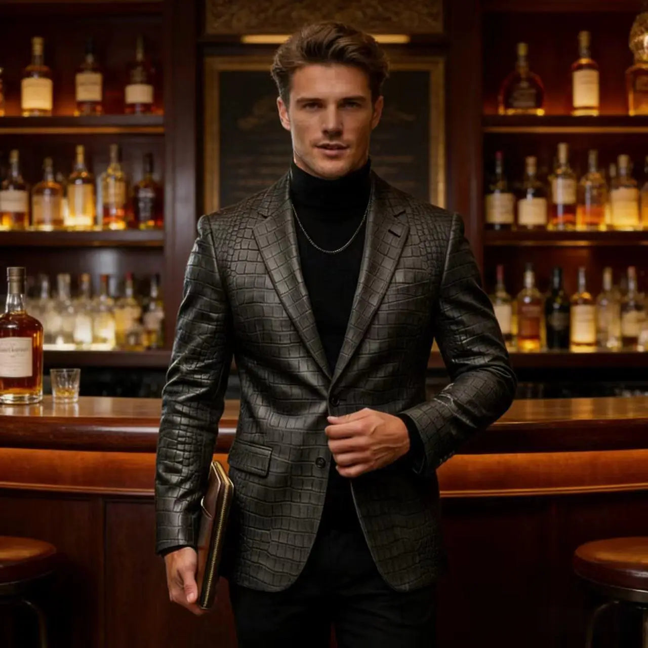 Men's Crocodile Embossed Leather Blazer British Vintage Notched Lapel Slim Fit Business Suit Jacket Two Button Flap Pockets Coat