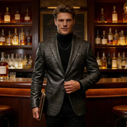 Men's Crocodile Embossed Leather Blazer British Vintage Notched Lapel Slim Fit Business Suit Jacket Two Button Flap Pockets Coat