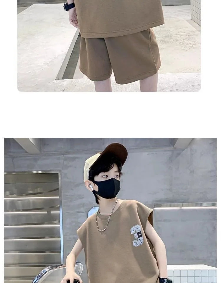 Summer Boys Loose Sleeveless Printed T-Shirt Tops+Shorts Pant School Kids 2PCS Tracksuit Child Outfit Student Workout Set 5-16Yr