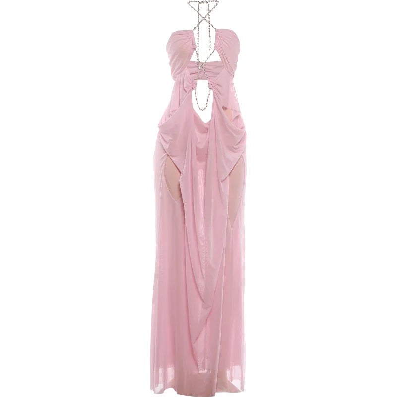 Prom Party Gown Dress Woman Sexy See Through Luxury Chain Halter Low-Neck Backless Sleeveless Midnight Elegant Vestidos