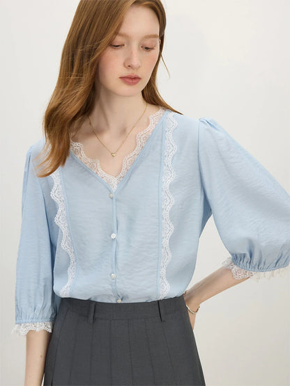 2025 Summer Women's Artisan Lace V-Neck Blouse - Navy Blue Romantic Design & Lightweight Chiffon for Chic Occasions