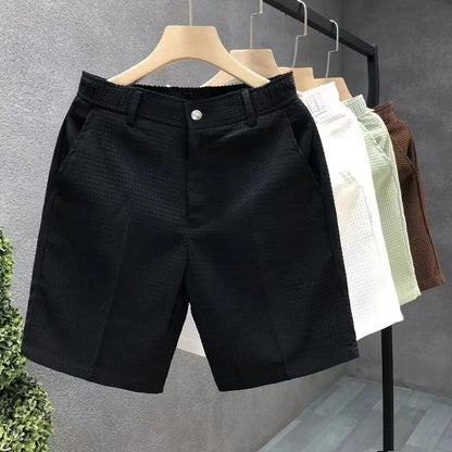 Men's Shorts Plaid Texture Solid Straight-leg Business Social Elastic Waist Button Short Pants Loose Knee Length Casual Short