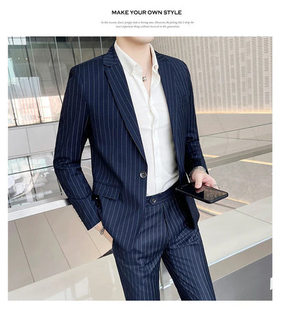 Men's Fashion High-Quality Slim Fit Two-Piece Suit Set Spring Autumn Stripes Business Casual Trousers And Jacket Combo