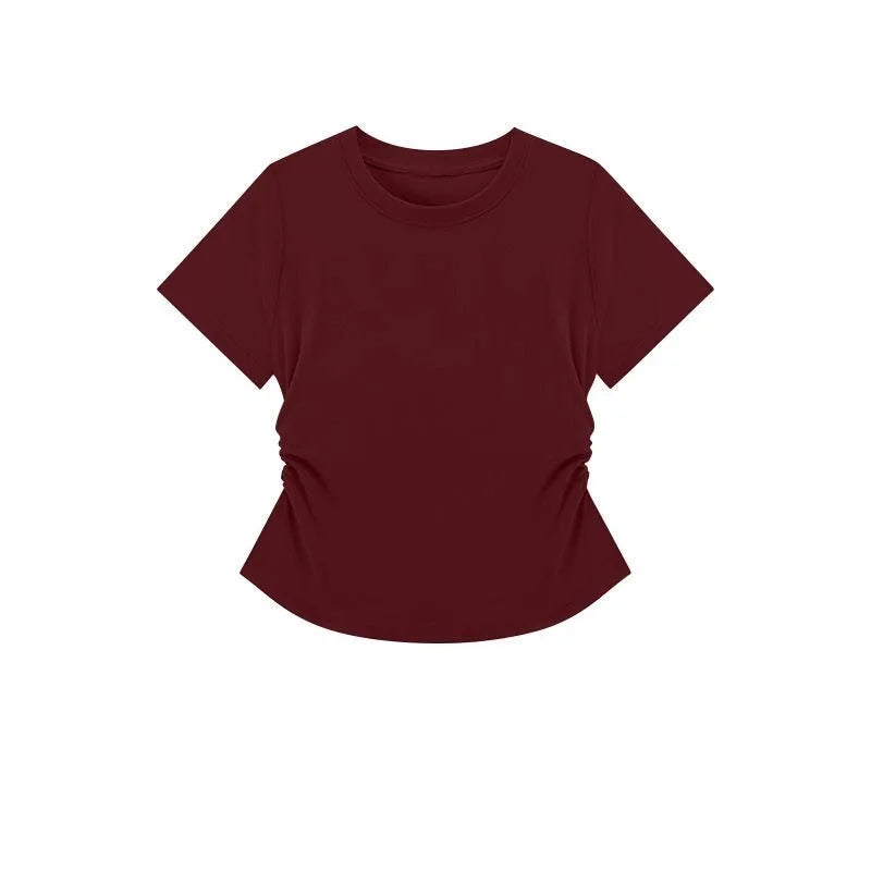 Summer Slim Fit Top for Women Casual Threaded Waist Cinched U-Shaped Hem Short Sleeve Irregular Hemline Women's Clothing