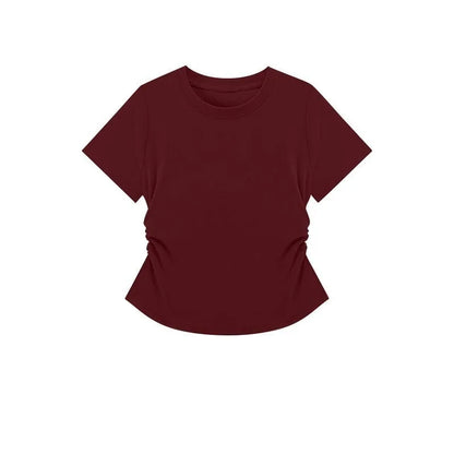 Summer Slim Fit Top for Women Casual Threaded Waist Cinched U-Shaped Hem Short Sleeve Irregular Hemline Women's Clothing