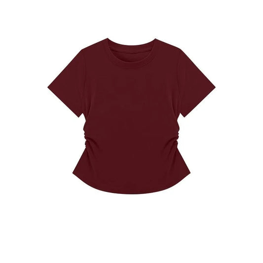 Summer Slim Fit Top for Women Casual Threaded Waist Cinched U-Shaped Hem Short Sleeve Irregular Hemline Women's Clothing