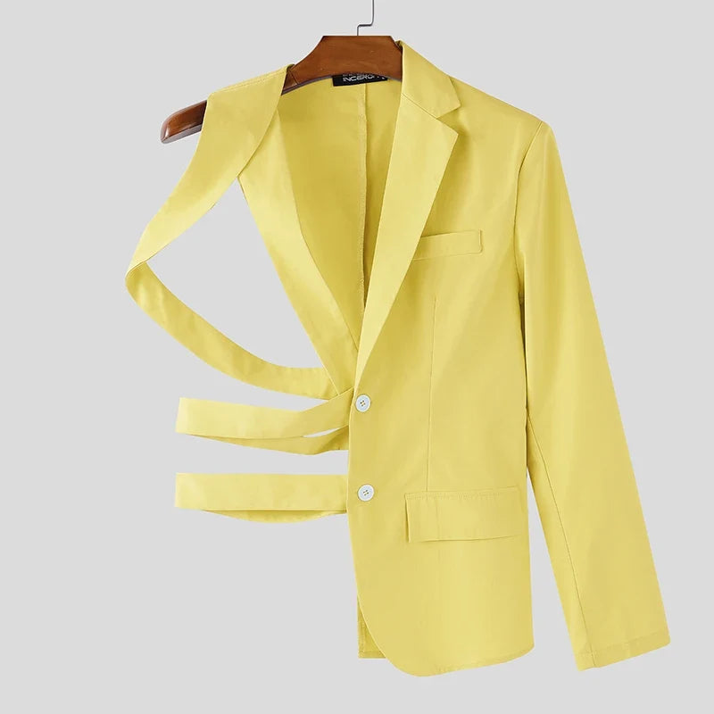 Men Irregular Blazer Lapel One-shoulder Long Sleeve Button Hollow Out Casual Suit Men Streetwear 2025 Fashion Thin Coats